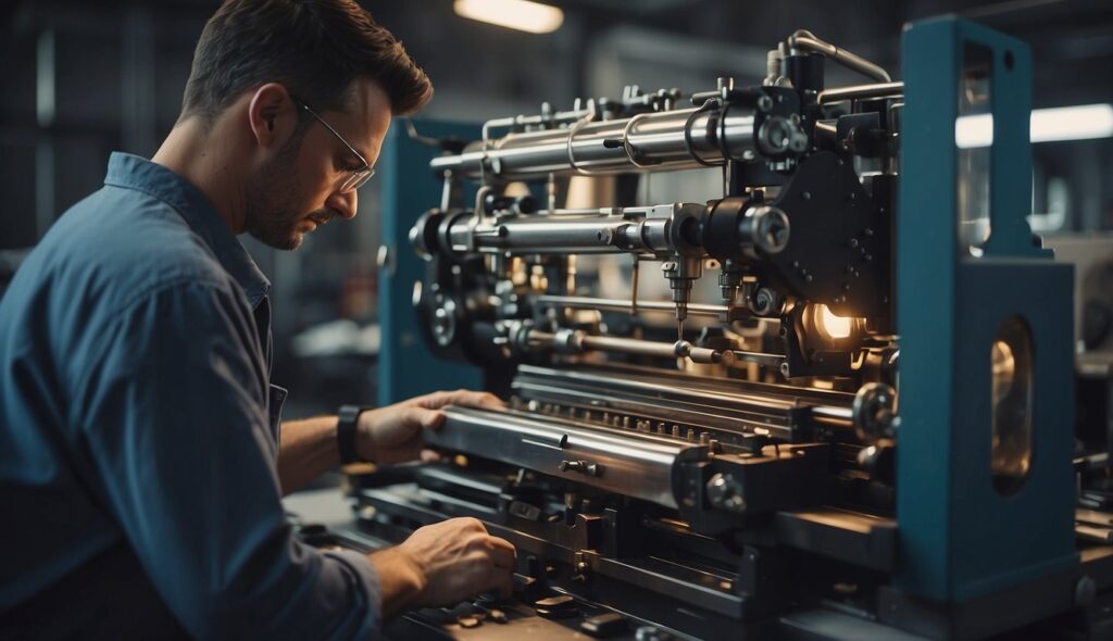 Monteur met veiligheidsbril werkt aan een machine in een werkplaats