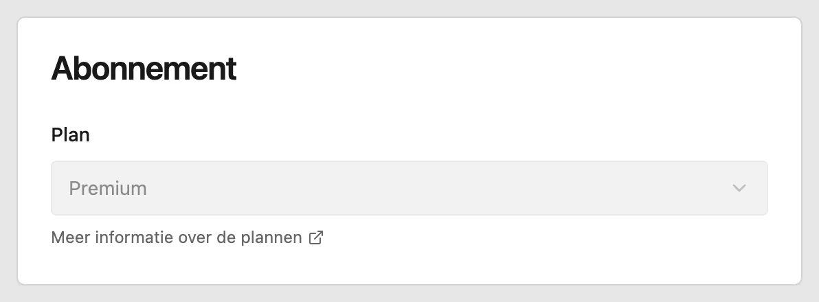 Het blok Abonnement onder Account, met het gekozen plan