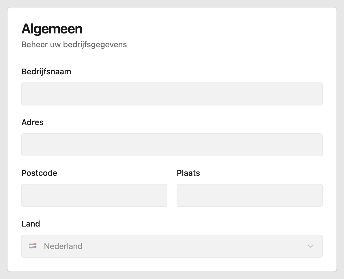 Het blok Algemeen onder Account, met de velden Bedrijfsnaam, Adres, Postcode, Plaats en Land