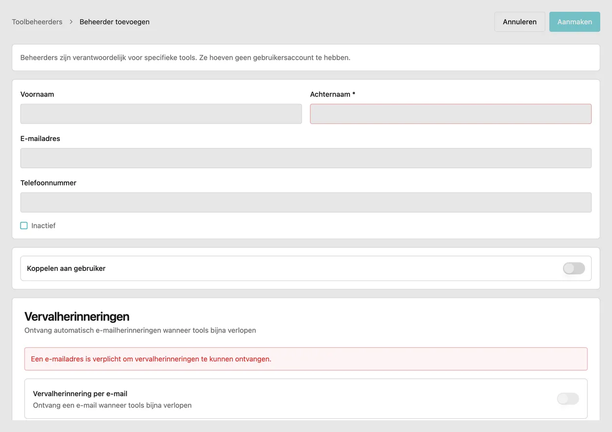 Het formulier voor een nieuwe toolbeheerder, met de knop Aanmaken rechtsboven