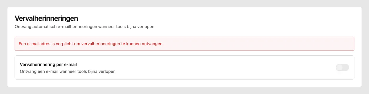 Het blok Vervalherinneringen op het beheerdersformulier, met de frequentie en de termijn