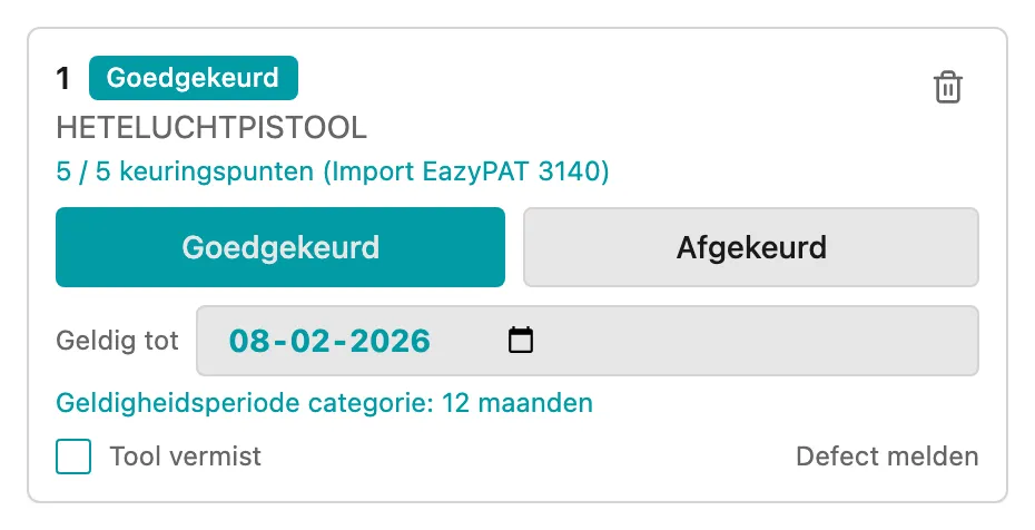 Een toolkaart in een bulkkeuring, met de knoppen Goedgekeurd en Afgekeurd, het vinkje Tool vermist en de knop Defect melden
