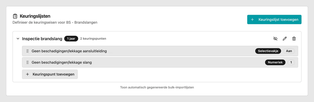 Het blok Keuringslijsten op de categoriepagina, met een keuringslijst en de knop Keuringslijst toevoegen