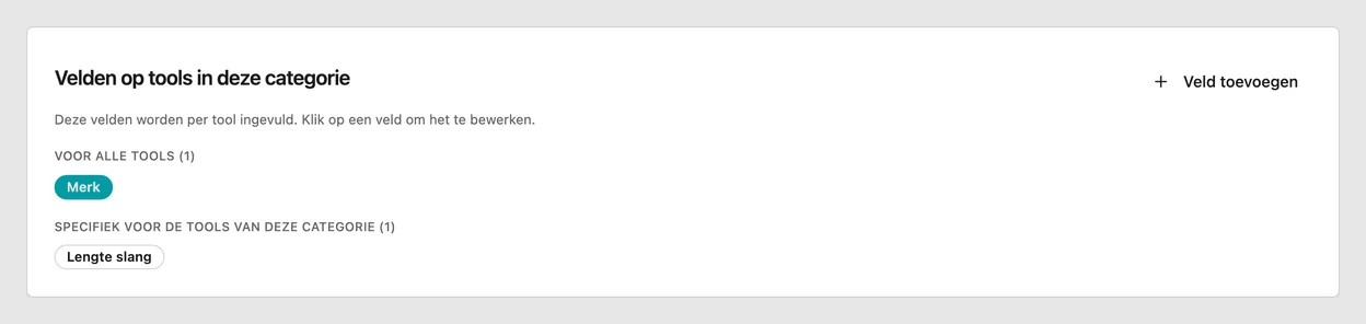 De categoriepagina met het blok Velden op tools in deze categorie