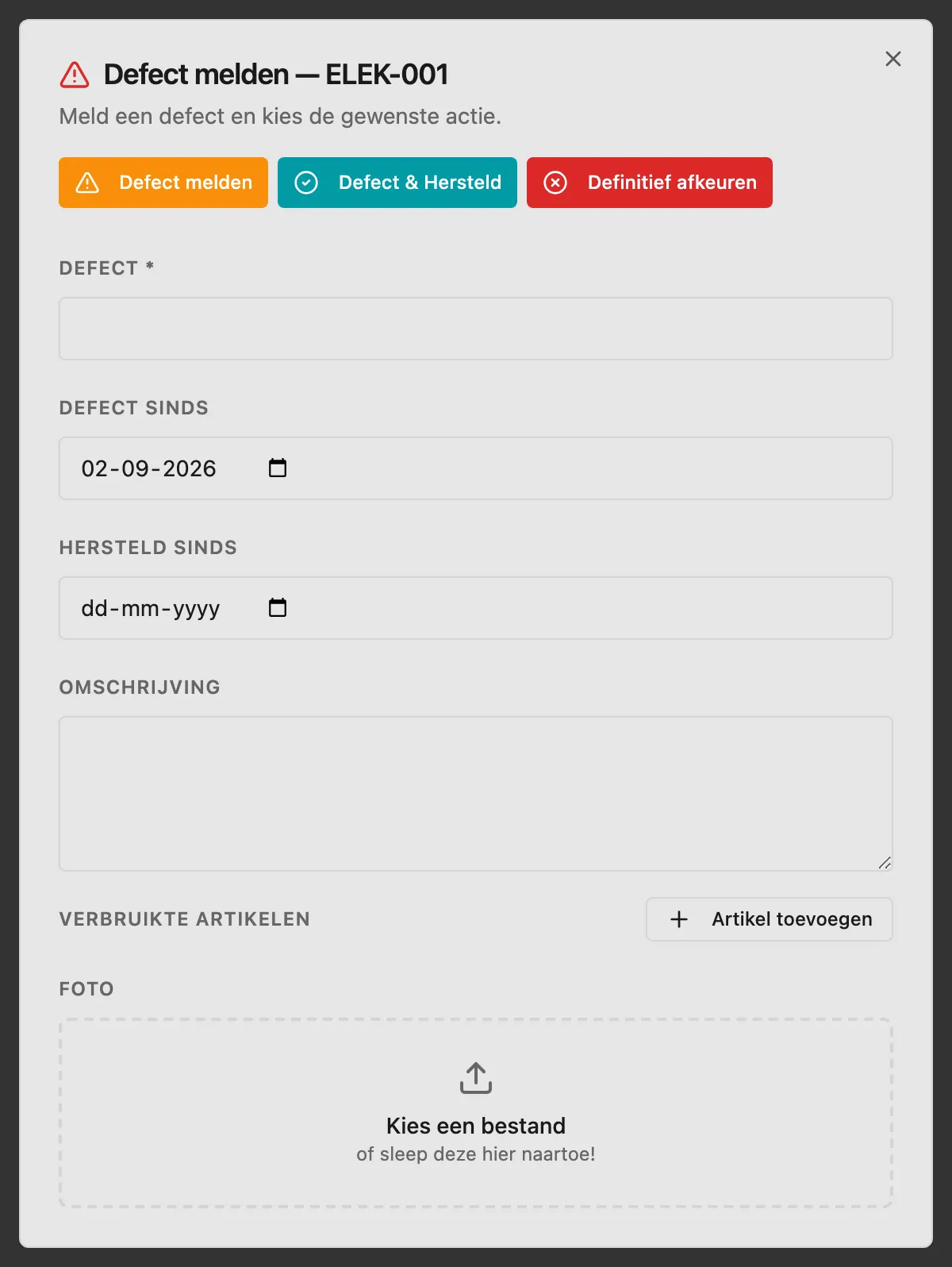 Het scherm Defect melden, met de velden Defect, Defect sinds en Omschrijving
