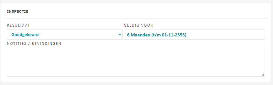 Een uitgeklapte toolkaart met Geldig tot, de keuringspunten en het veld Opmerkingen