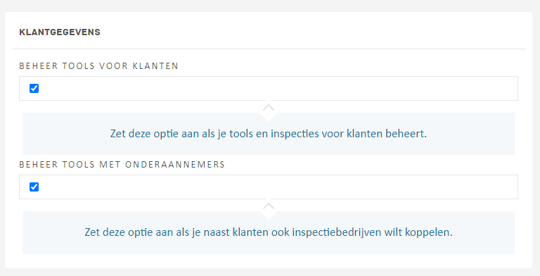 Het blok Klantgegevens onder Account, met de schakelaars Beheer tools voor klanten en Beheer tools met onderaannemers