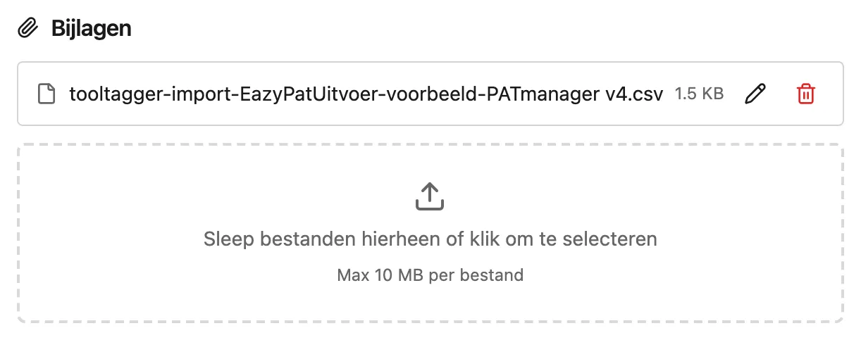 Het blok Bijlagen bij een geopende keuring, met het sleepvak voor bestanden