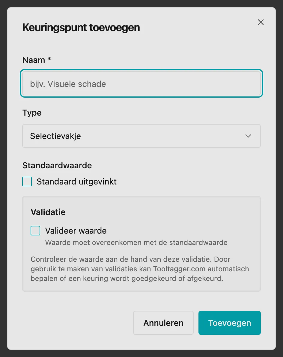 De dialoog voor een keuringspunt, met het type en het veld Standaardwaarde