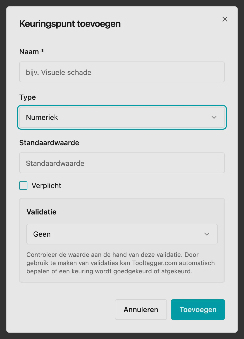 De dialoog voor een keuringspunt met type Numeriek, waarin de validatieregels zichtbaar zijn