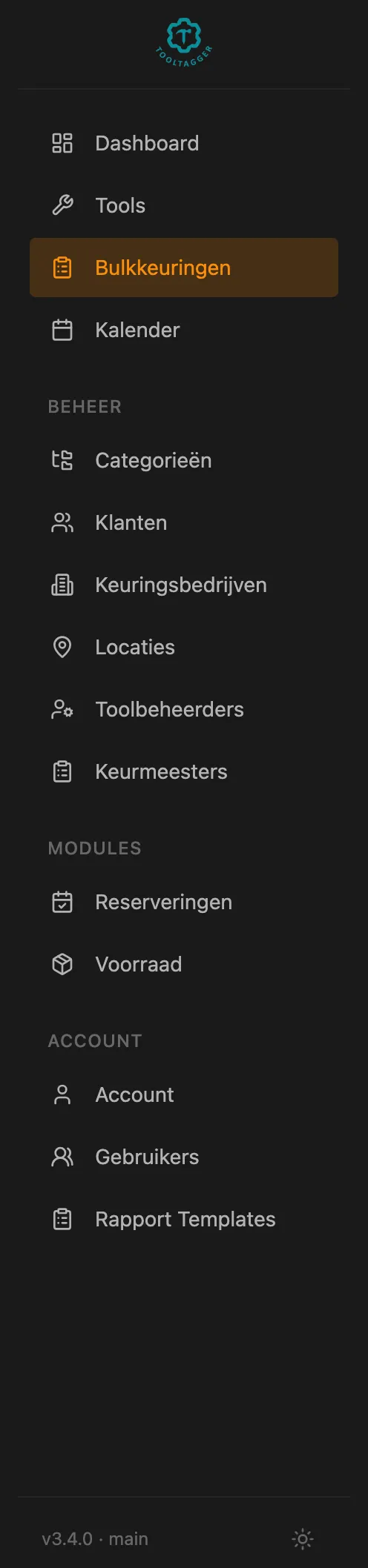 Het linkermenu van Tooltagger, met Bulkkeuringen aangewezen