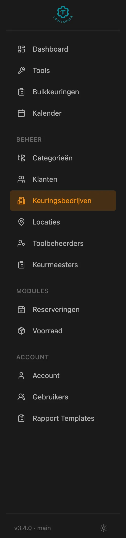 Het linkermenu van Tooltagger onder Beheer, met Keuringsbedrijven aangewezen