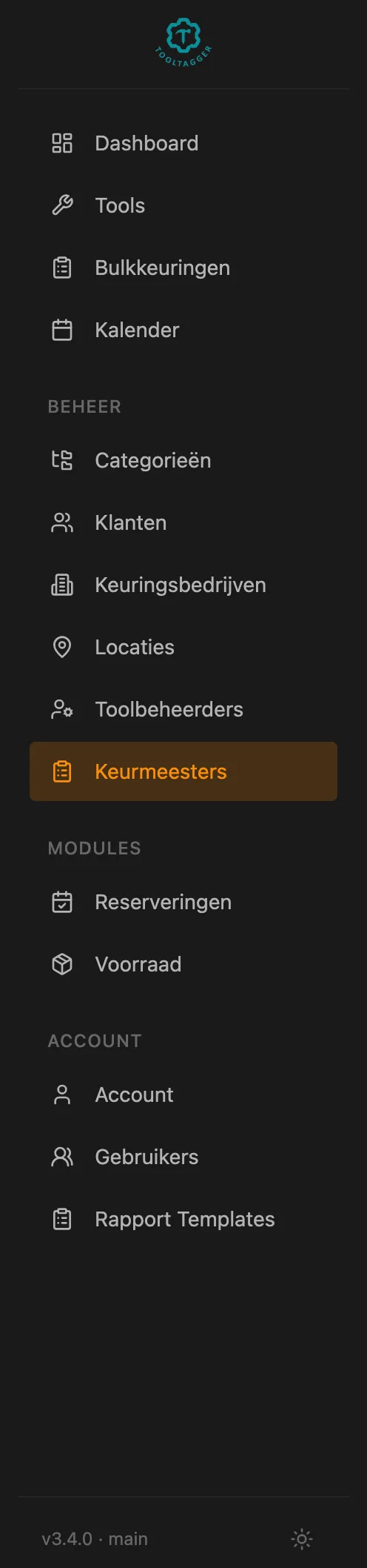 Het linkermenu van Tooltagger onder Beheer, met Keurmeesters aangewezen