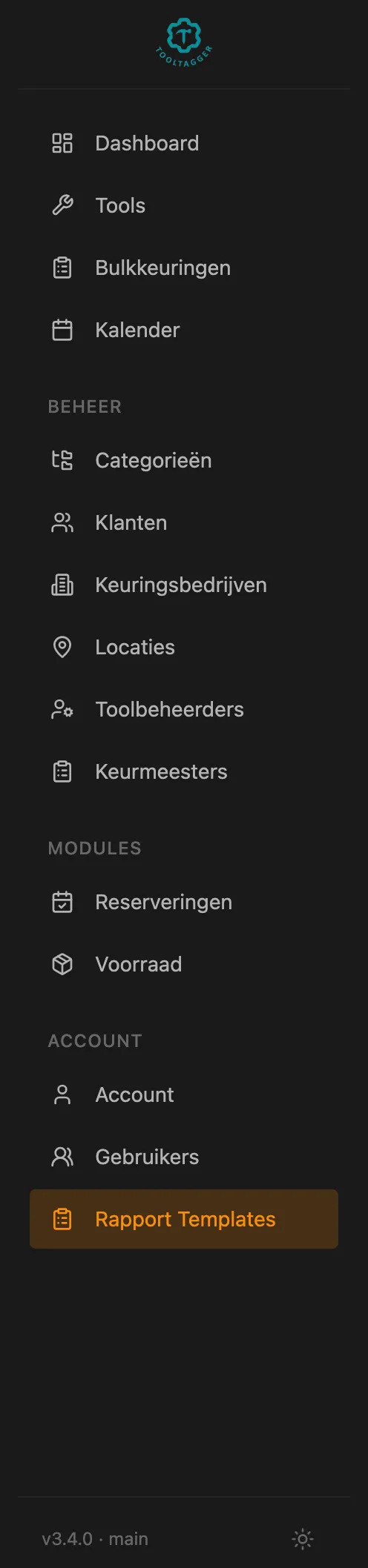 Het linkermenu van Tooltagger, met Rapport Templates aangewezen