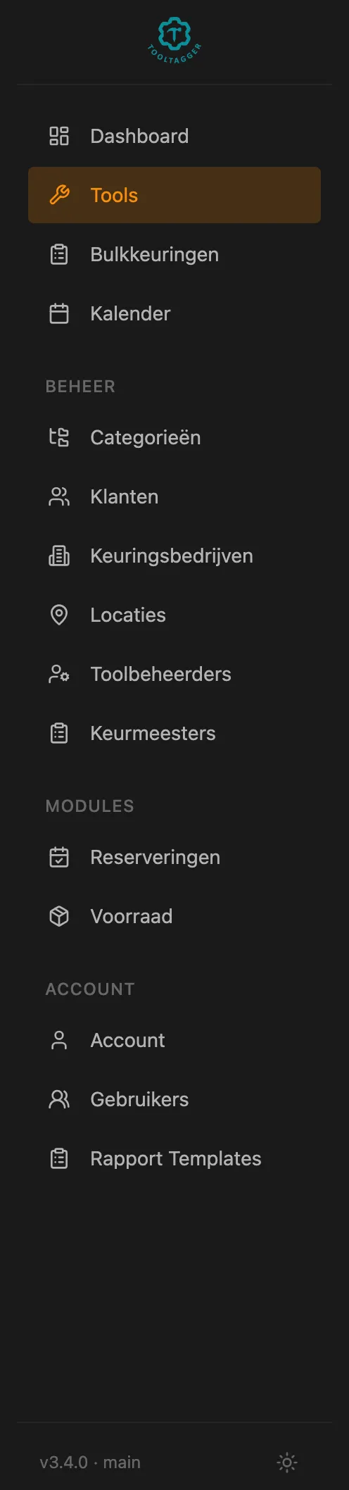 Het linkermenu van Tooltagger, met Tools aangewezen