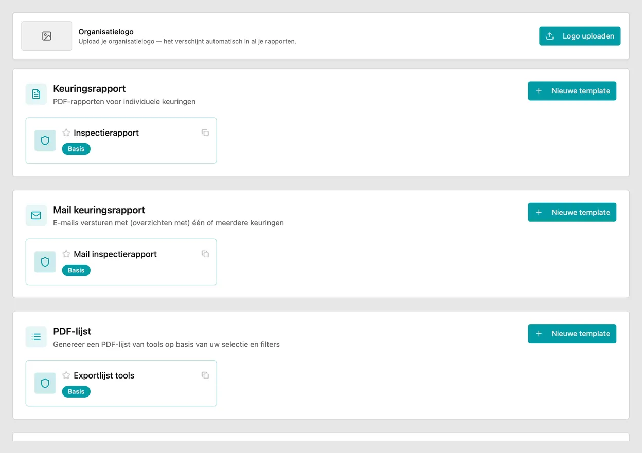 Het overzicht van rapporttemplates met de knop Nieuwe template