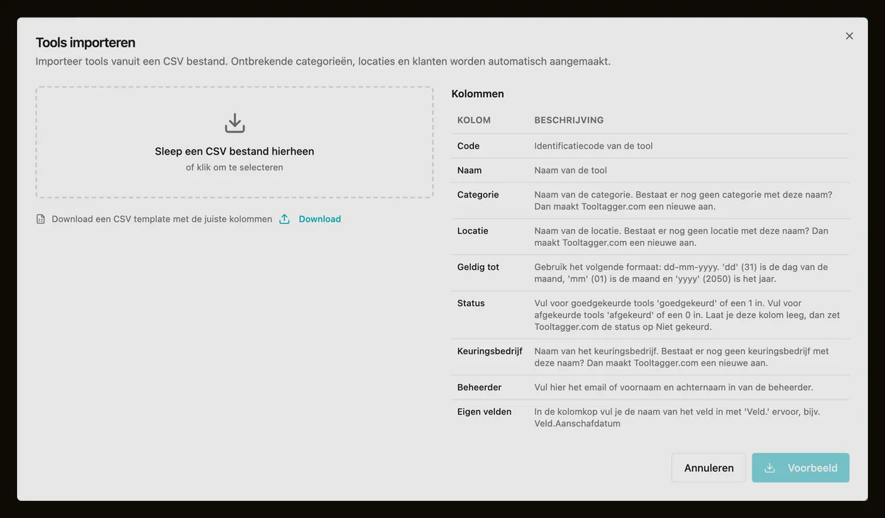 De importdialoog voor tools, met het sleepvak en de knop om een CSV-template te downloaden