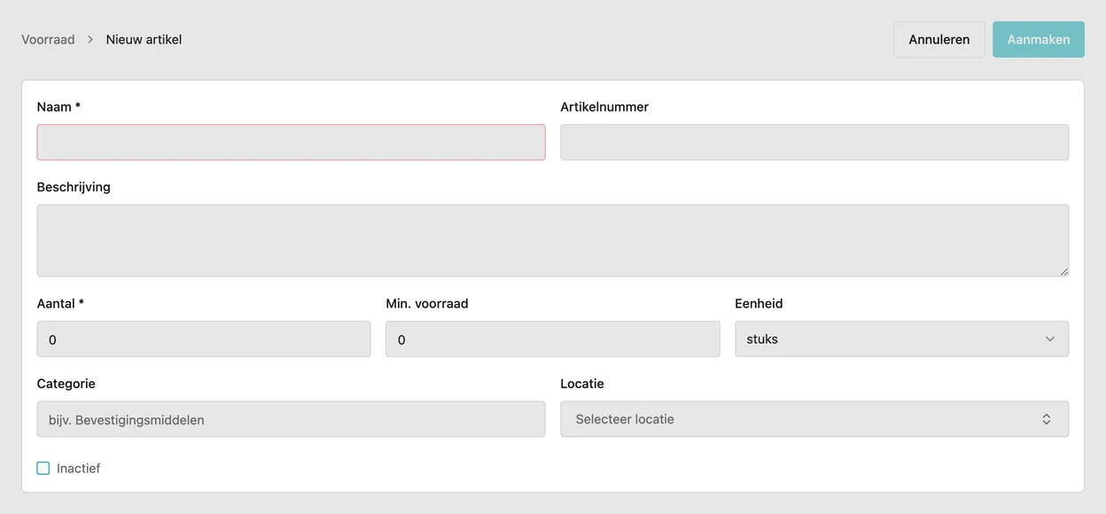 Het formulier voor een nieuw voorraadartikel, met Naam, Artikelnummer, Aantal, Min. voorraad, Eenheid, Categorie en Locatie