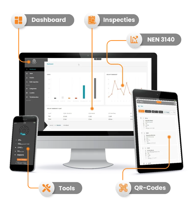 Het Tooltagger-dashboard met materieeloverzicht, keuringsstatussen en aankomende keuringen